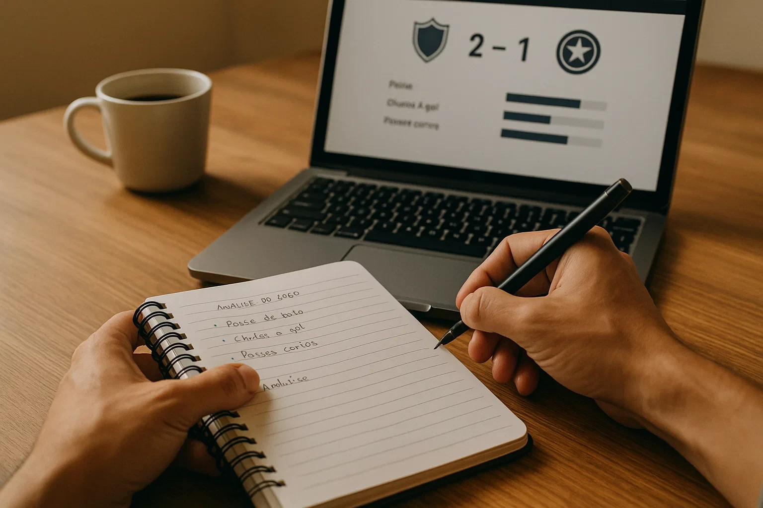 Mãos a tomar notas num caderno profissional com estatísticas de futebol no ecrã do portátil