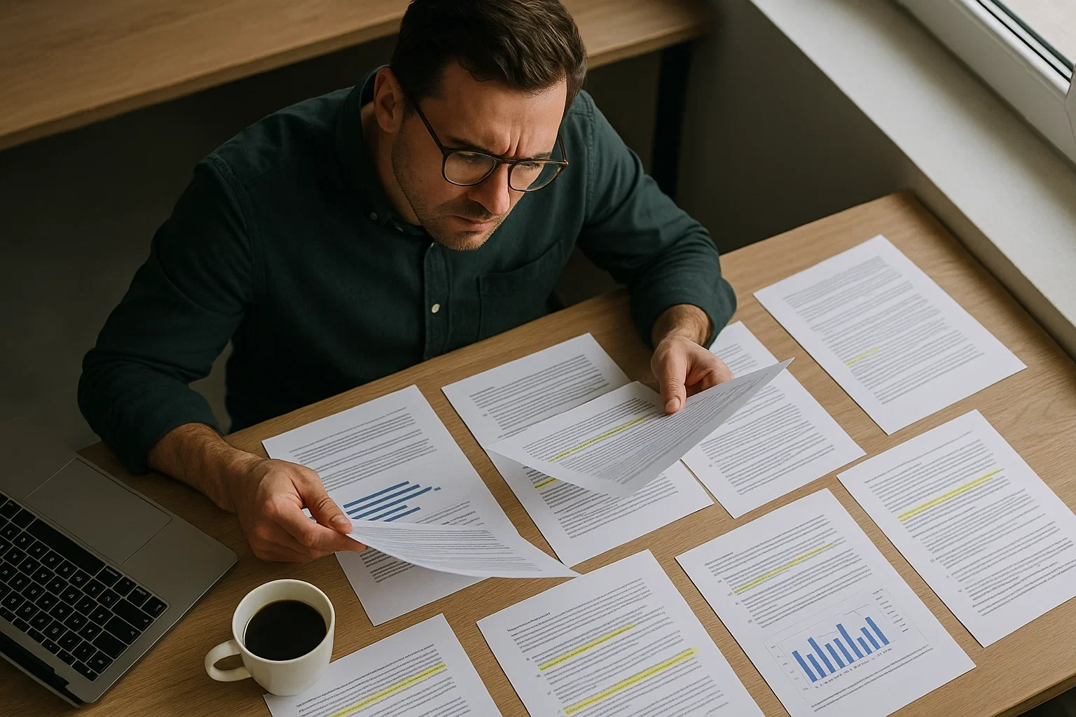Pessoa a analisar documentos e a planear estratégia de apostas em diferentes mercados