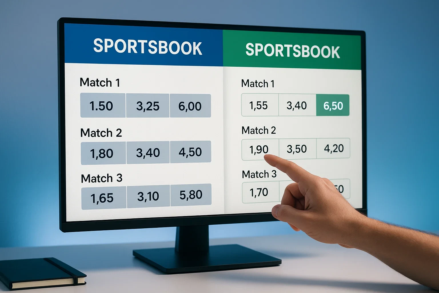 Monitor moderno a mostrar duas interfaces de casas de apostas lado a lado para comparação de odds
