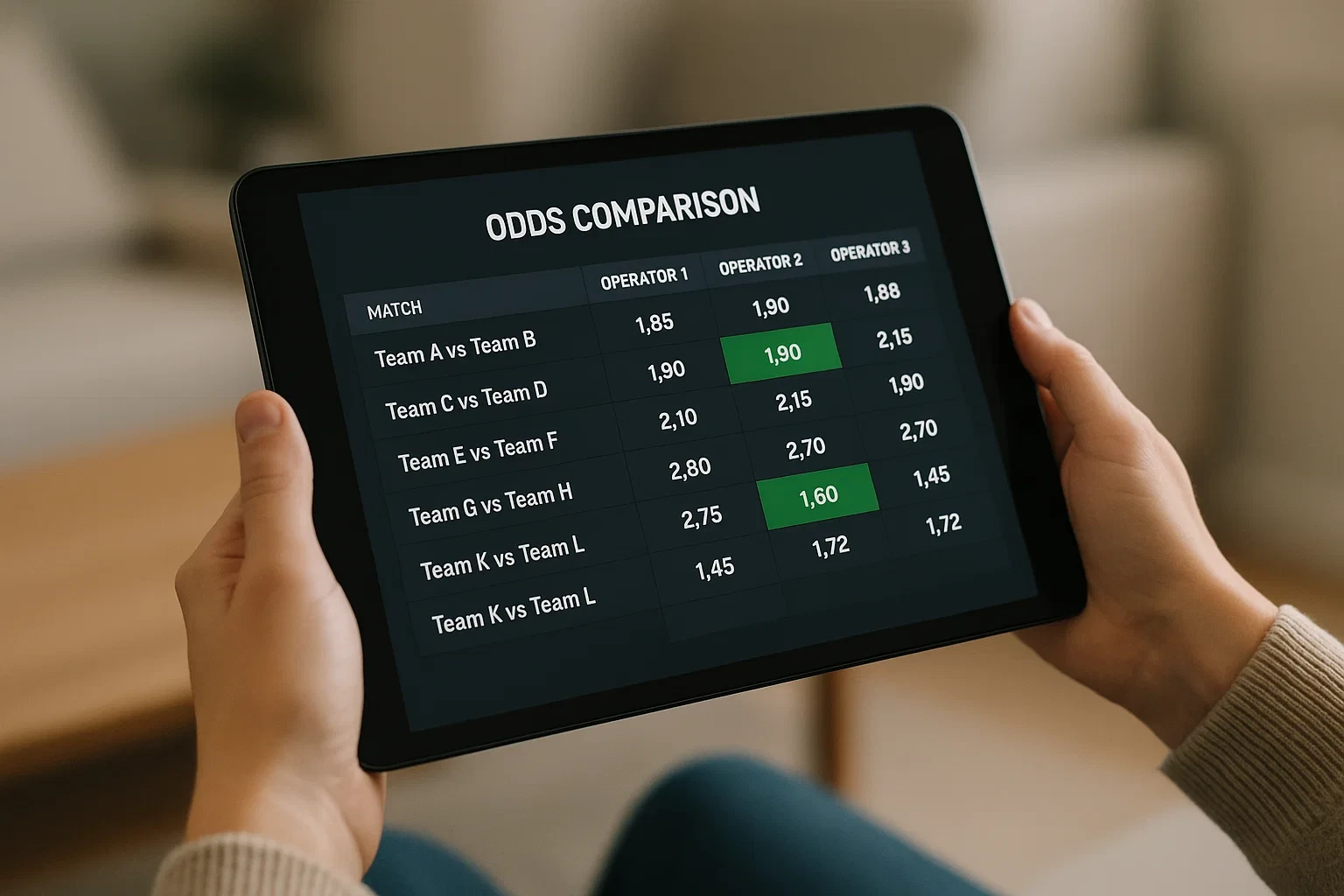 Pessoa a comparar cotações de apostas em tablet com múltiplas casas de apostas e indicadores de valor destacados