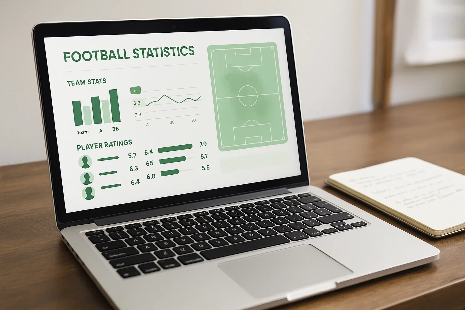 Ecrã de computador portátil a mostrar dashboard de estatísticas de futebol com gráficos de desempenho de equipas e jogadores