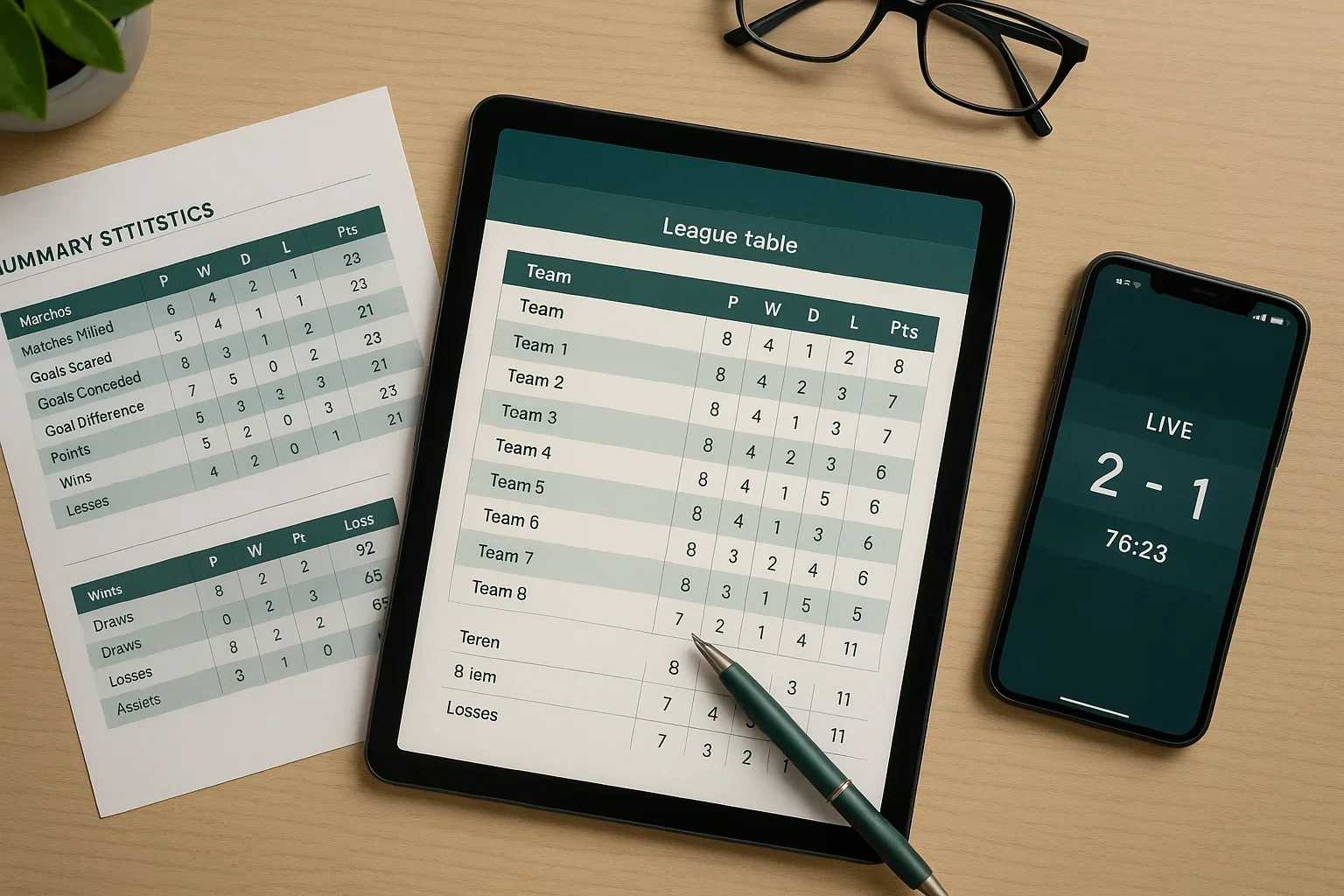 Vista de cima de uma secretária com tablet a mostrar classificação da liga, estatísticas impressas e smartphone com resultados ao vivo