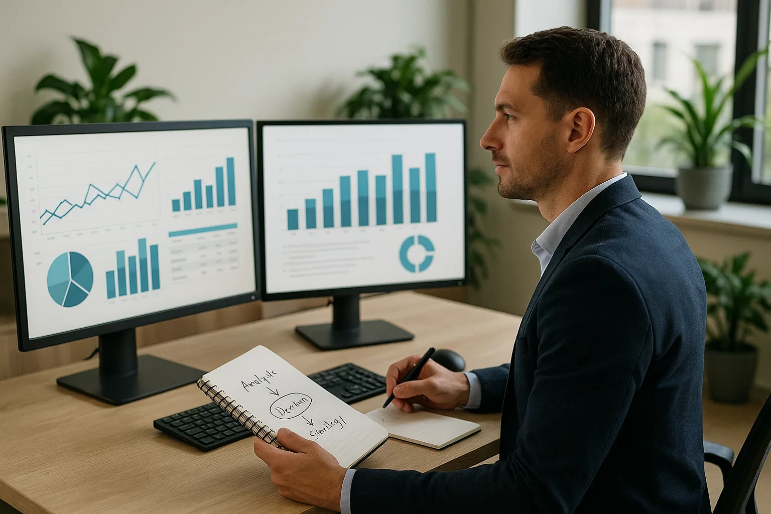Espaço de trabalho profissional com monitores duplos a mostrar dashboards de análise desportiva, bloco de notas com estratégias