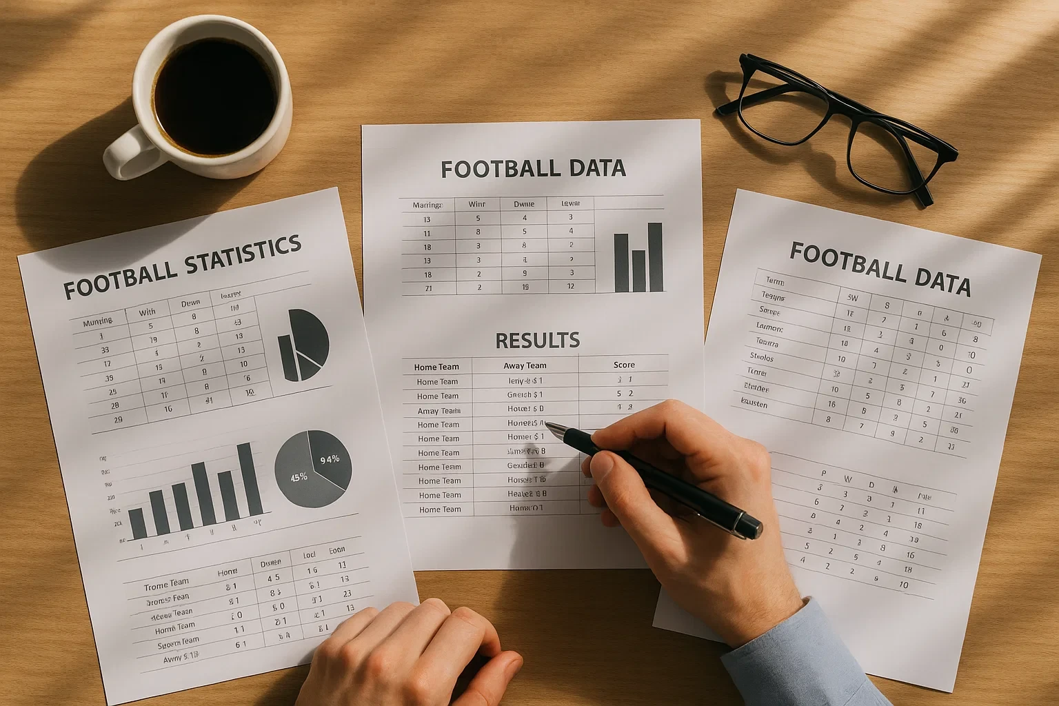 Documentos de estatísticas de futebol organizados numa secretária com análise de dados