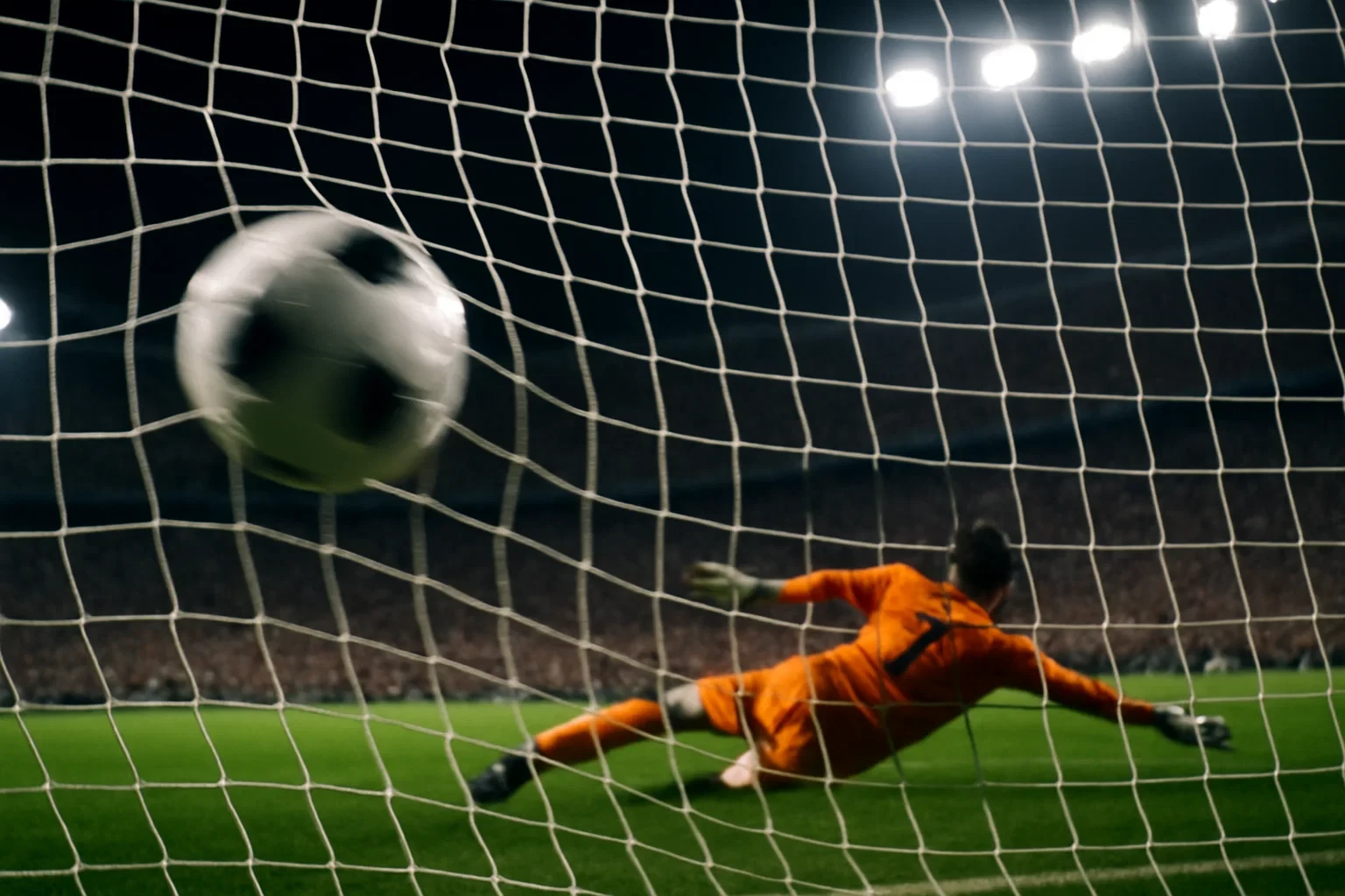 Momento dramático de uma bola a entrar na baliza durante um jogo de futebol