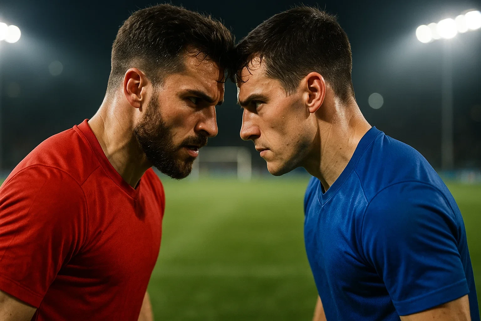 Dois jogadores de futebol de equipas rivais num momento competitivo durante um jogo