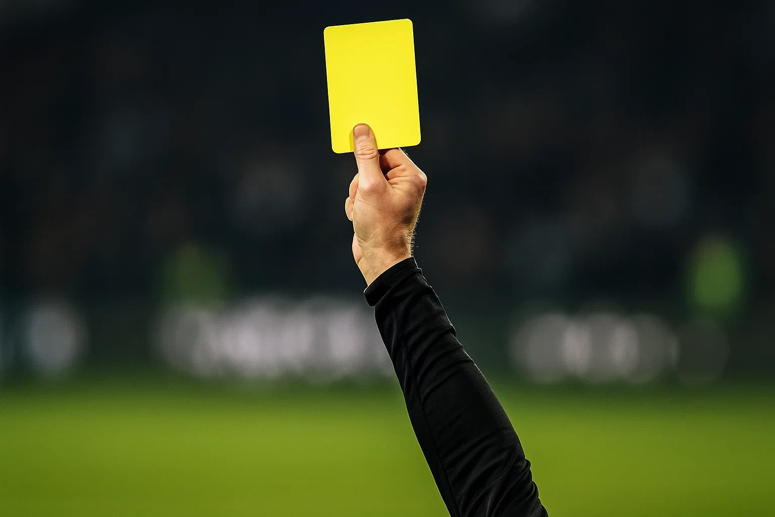Mão de árbitro de futebol a mostrar cartão amarelo durante um jogo