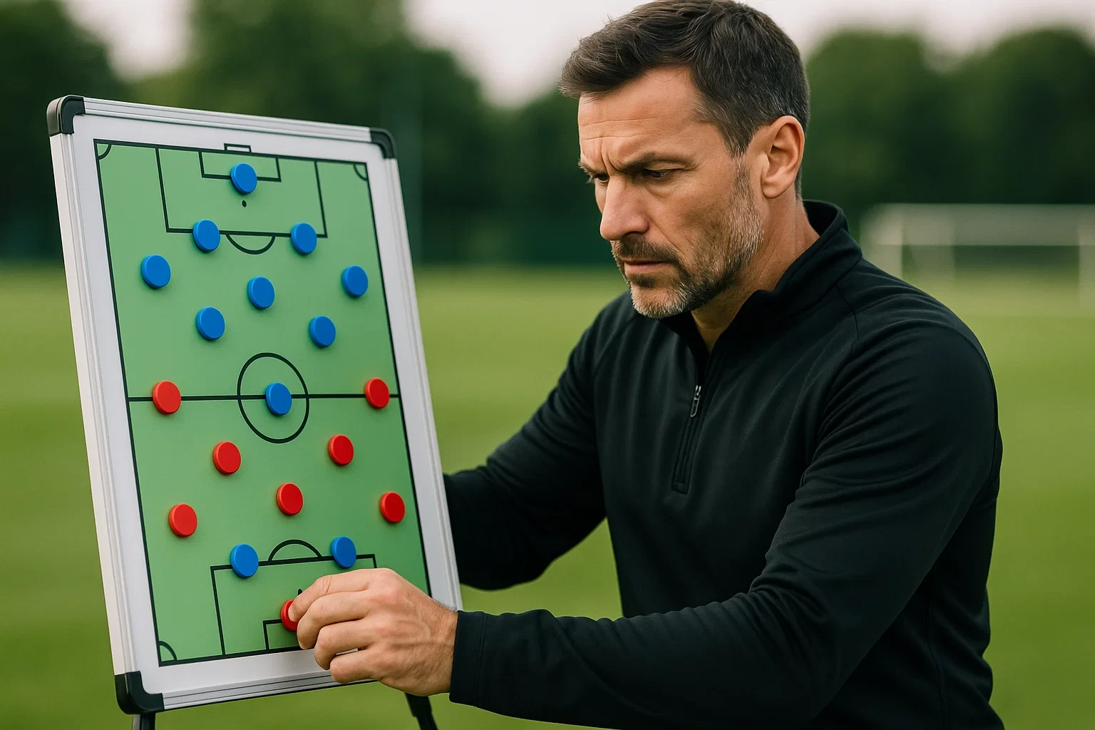Treinador de futebol a analisar táticas numa prancha tática magnética