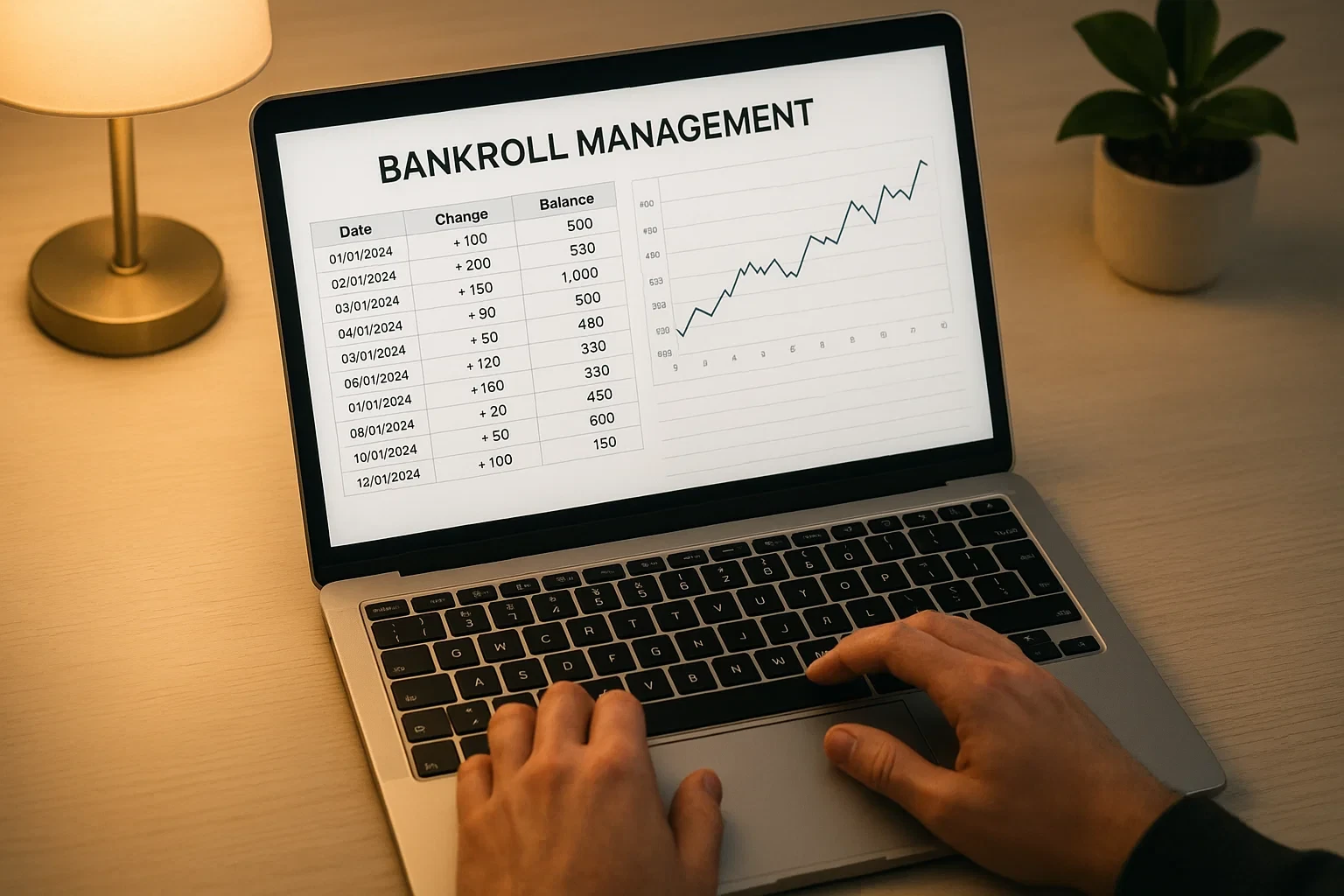 Mãos a trabalhar num portátil com folha de cálculo de registo de apostas e gráfico de evolução de banca visível no ecrã