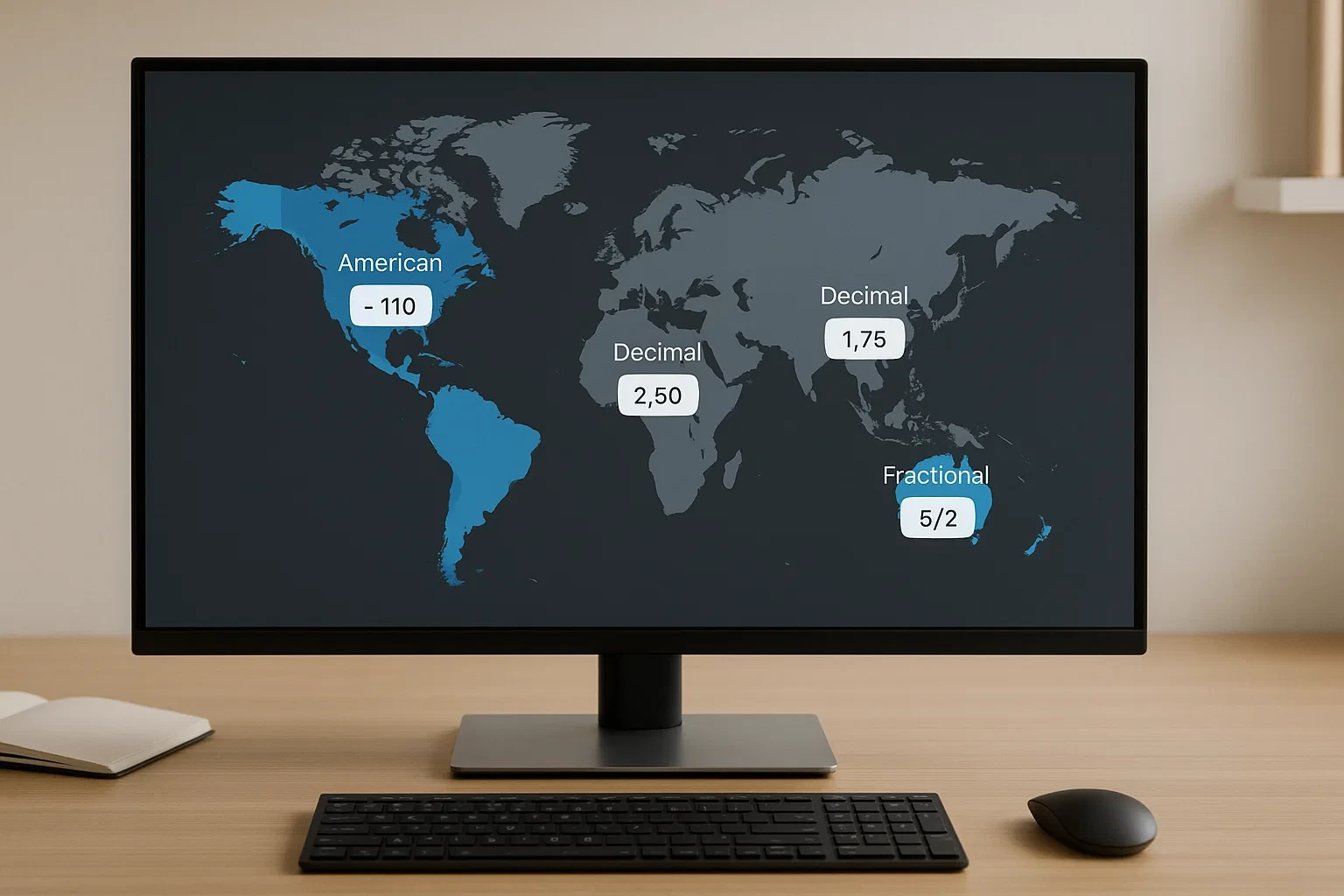 Mapa mundial num ecrã a mostrar diferentes mercados de apostas globais